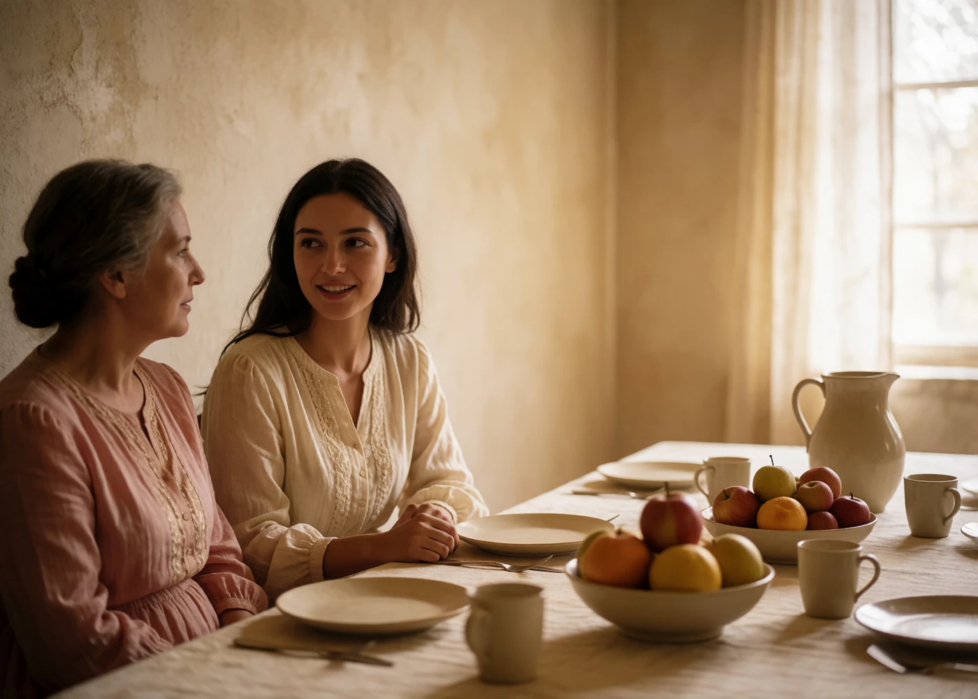 Tajik woman speaking warmly with an older family member at a table set with fresh fruit in a softly lit room