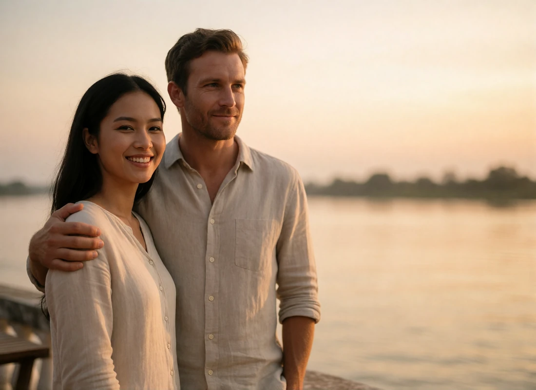 Laotian woman and Western man standing together on a riverside terrace at sunset after months of messaging