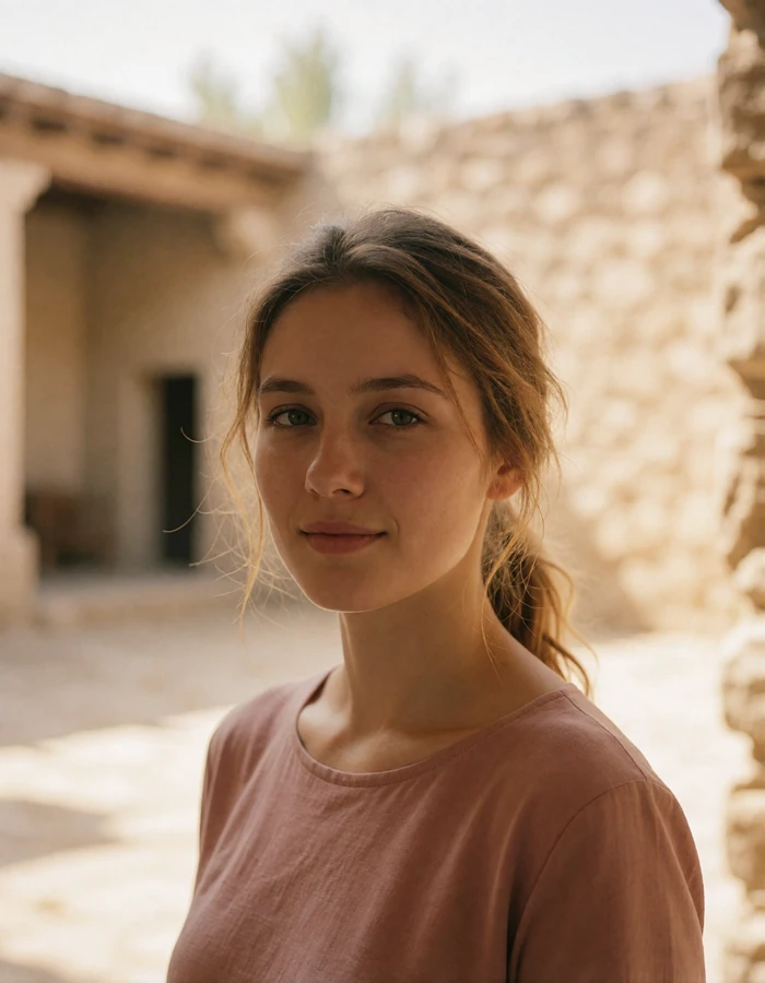 Kyrgyz woman in a dusty-rose top standing in a sunlit courtyard with a light natural smile