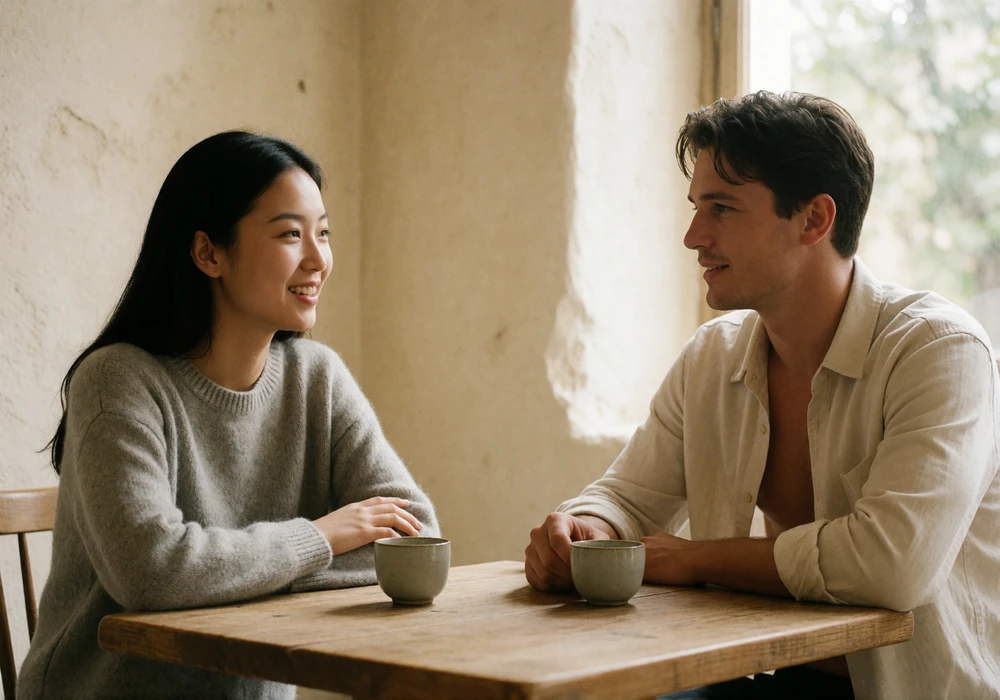 A woman and a man sitting across a small wooden table in a bright tea house mid-conversation