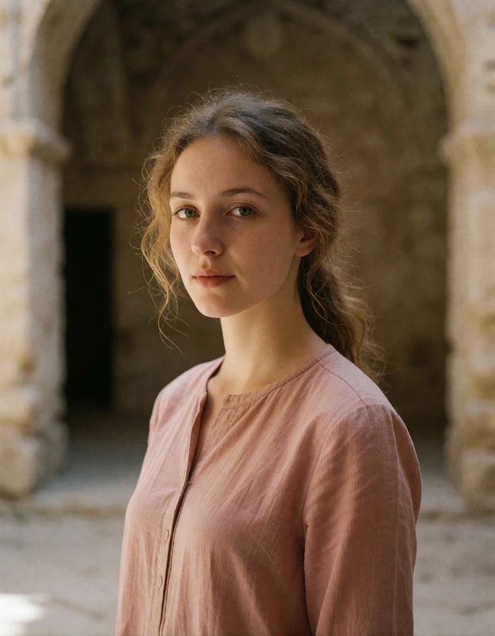 Turkmen woman in a dusty-rose tunic standing in a shaded courtyard with a gentle expression