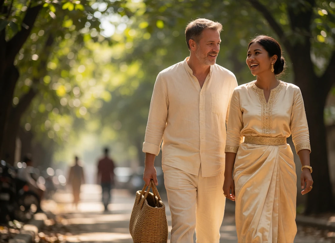 Burmese woman and a Western man walking together through a sunlit tree-lined lane, both smiling naturally