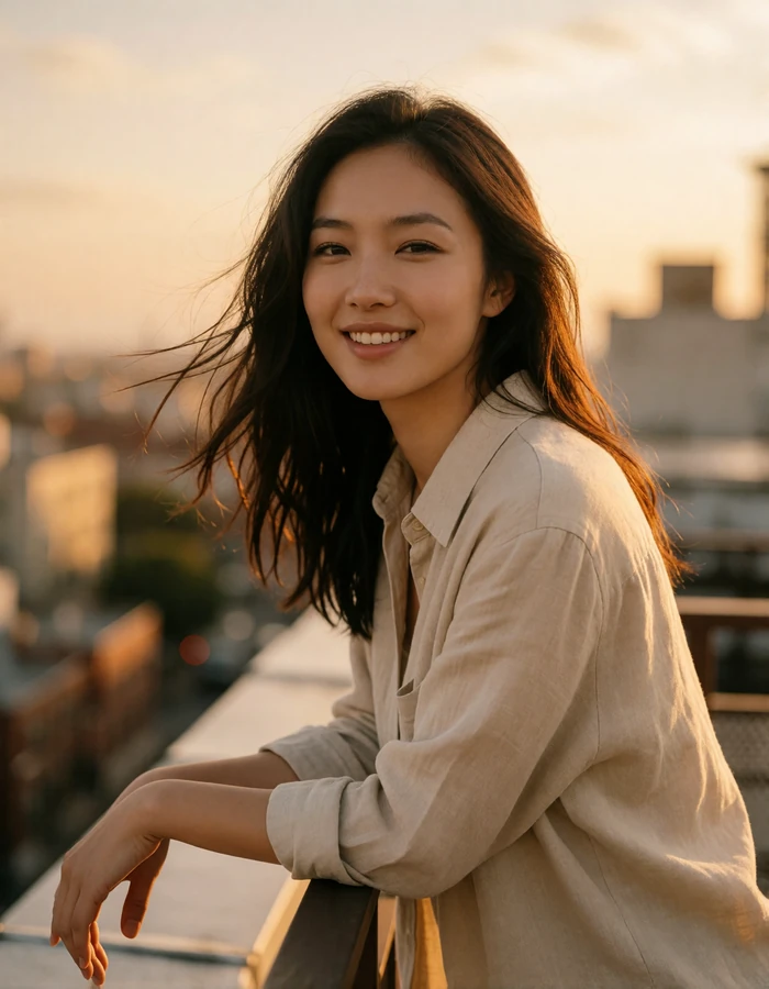 Chinese woman in a sand linen shirt leaning on a rooftop railing at golden hour