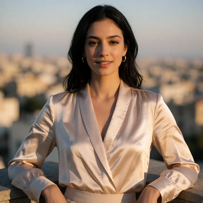 Jordanian woman in a pale champagne blouse smiling on a shaded terrace with a city view behind her