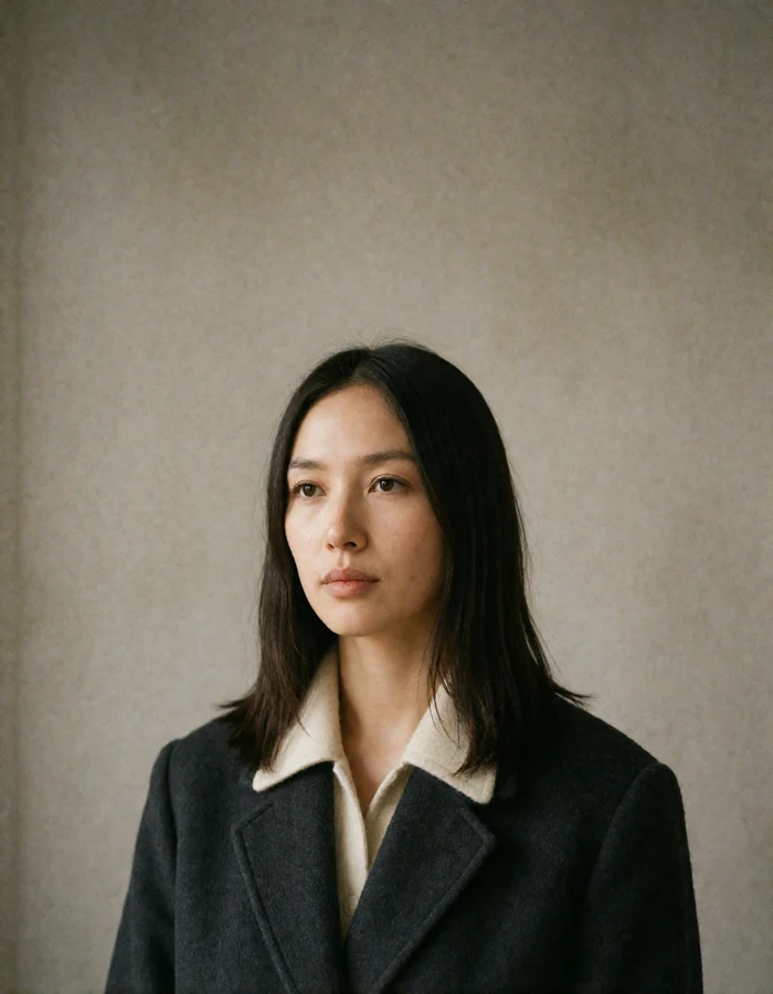 Kazakh woman with straight shoulder-length dark hair against a warm-grey plaster wall in soft indoor light