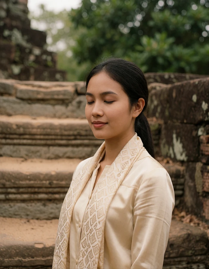 Cambodian woman in a cream blouse with a light patterned scarf near weathered sandstone temple steps