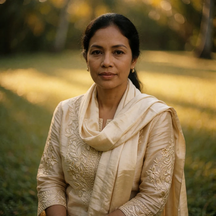 Bruneian woman in a champagne embroidered blouse seated in a tropical garden