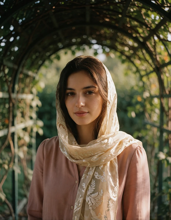 Tajik woman in a muted rose blouse standing beneath a garden trellis with a light scarf over her hair