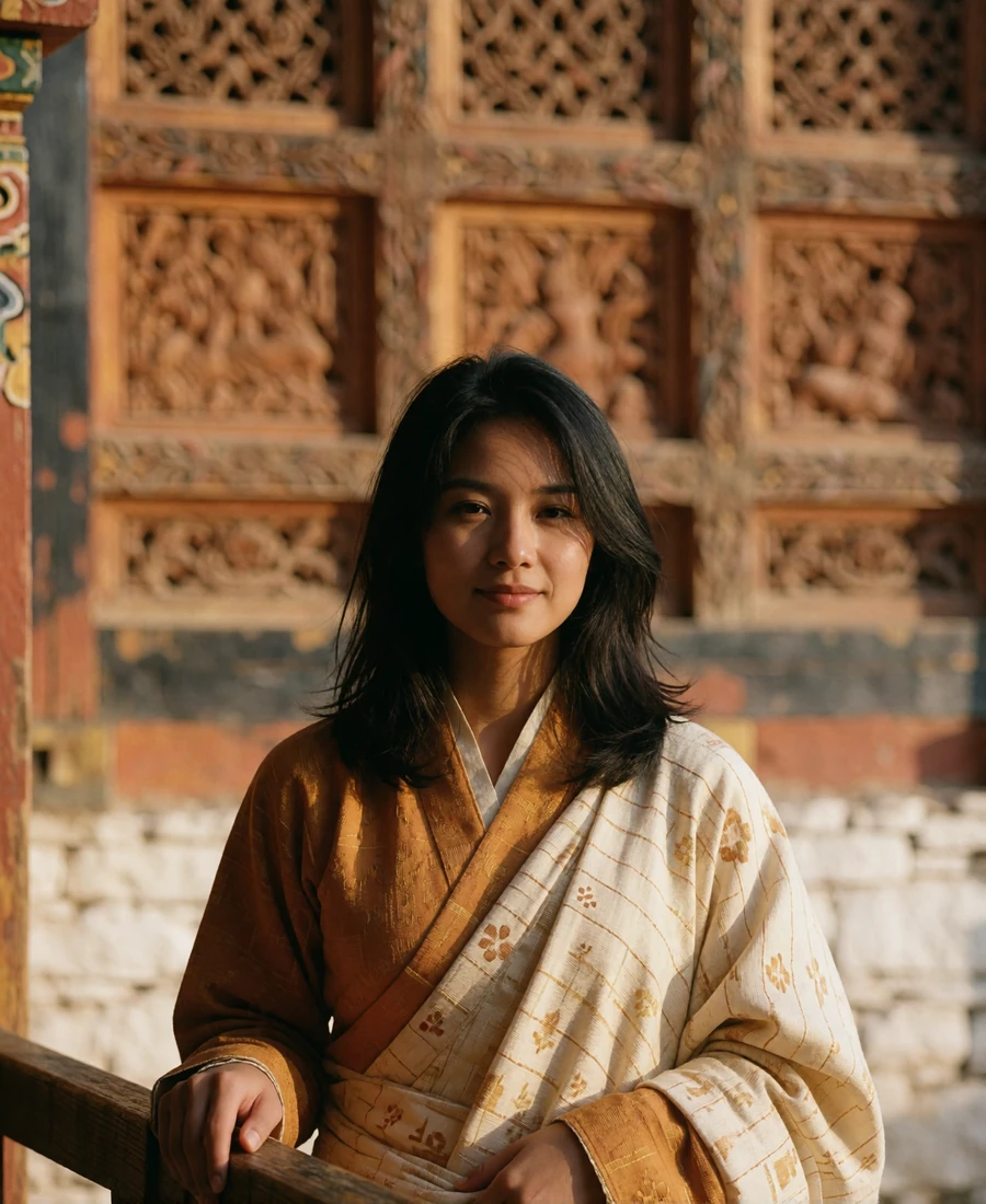 Bhutanese woman in a warm ochre and cream kira standing in a temple courtyard in late afternoon light