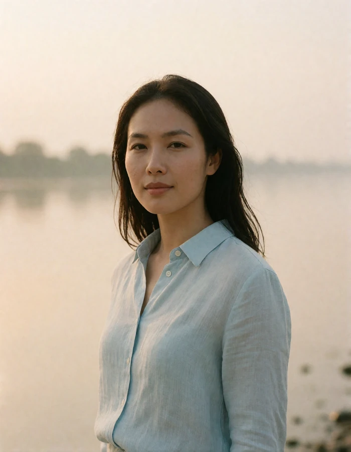 Vietnamese woman in a pale blue linen shirt standing calmly beside a hazy morning river