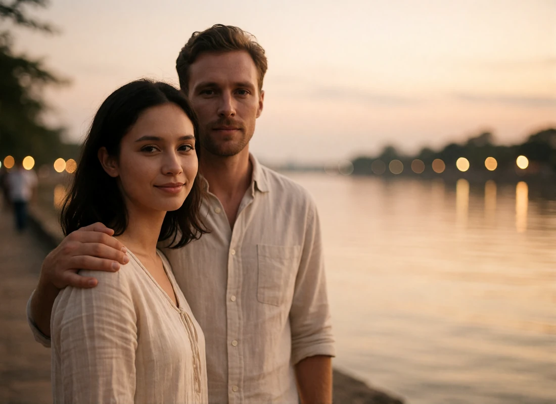 Cambodian woman and a Western man standing close together on a riverfront walkway at dusk
