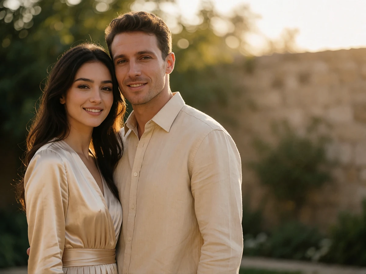 Turkmen woman and a Western man standing together in a walled garden at golden hour, both smiling naturally