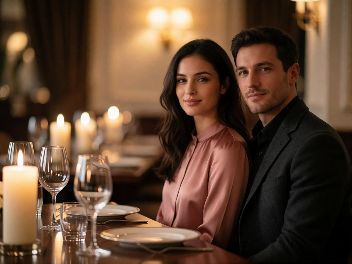 Couple at a fine-dining table by candlelight, representing an early in-person meeting after online conversation