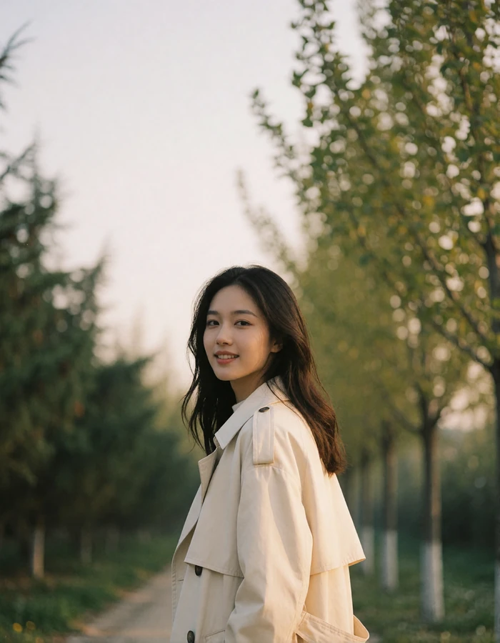 Young Chinese woman in a cream trench coat glancing back with a smile on a tree-lined path