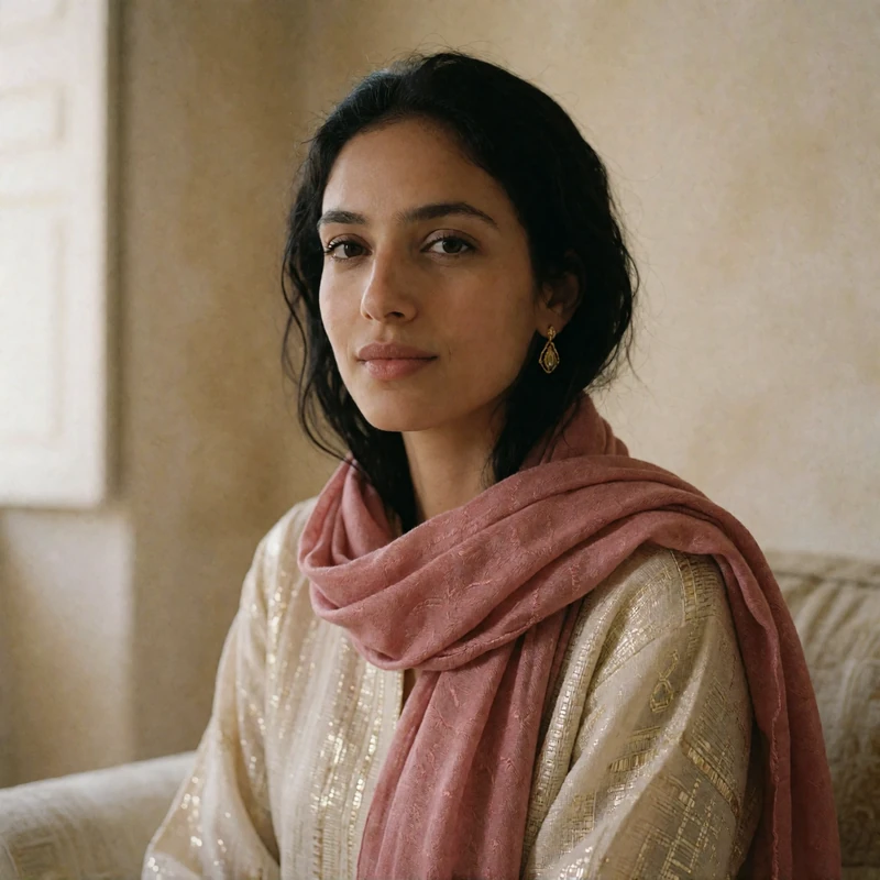 Yemeni woman in a muted rose scarf seated thoughtfully in a softly blurred interior