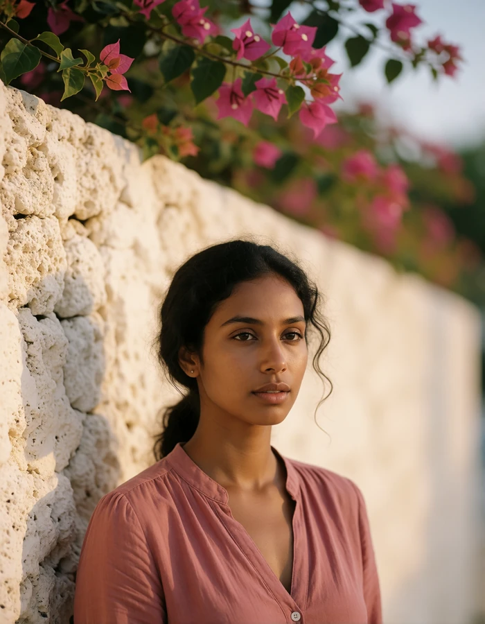 Maldivian woman in a muted rose blouse standing against a whitewashed coral-stone wall in late afternoon light