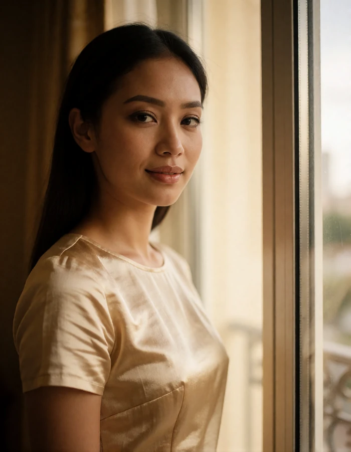 Burmese woman in a champagne silk top standing beside a tall window with warm daylight behind her