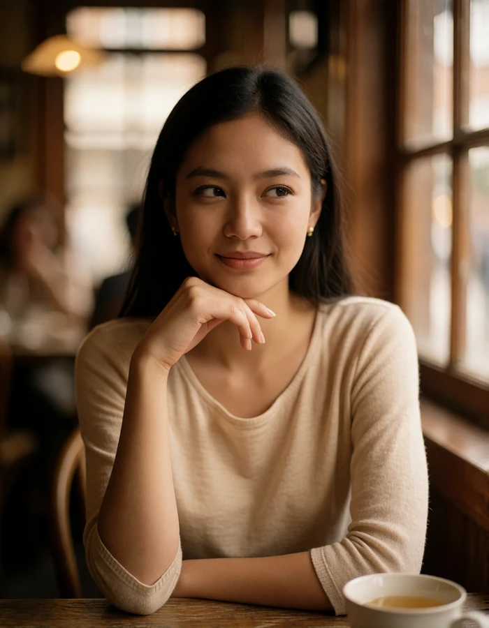 Burmese woman in a soft beige top seated at a teahouse table, glancing up with a natural smile