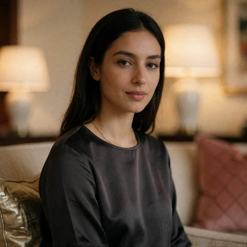Jordanian woman in a charcoal silk top with a composed smile in a warmly lit hotel lounge