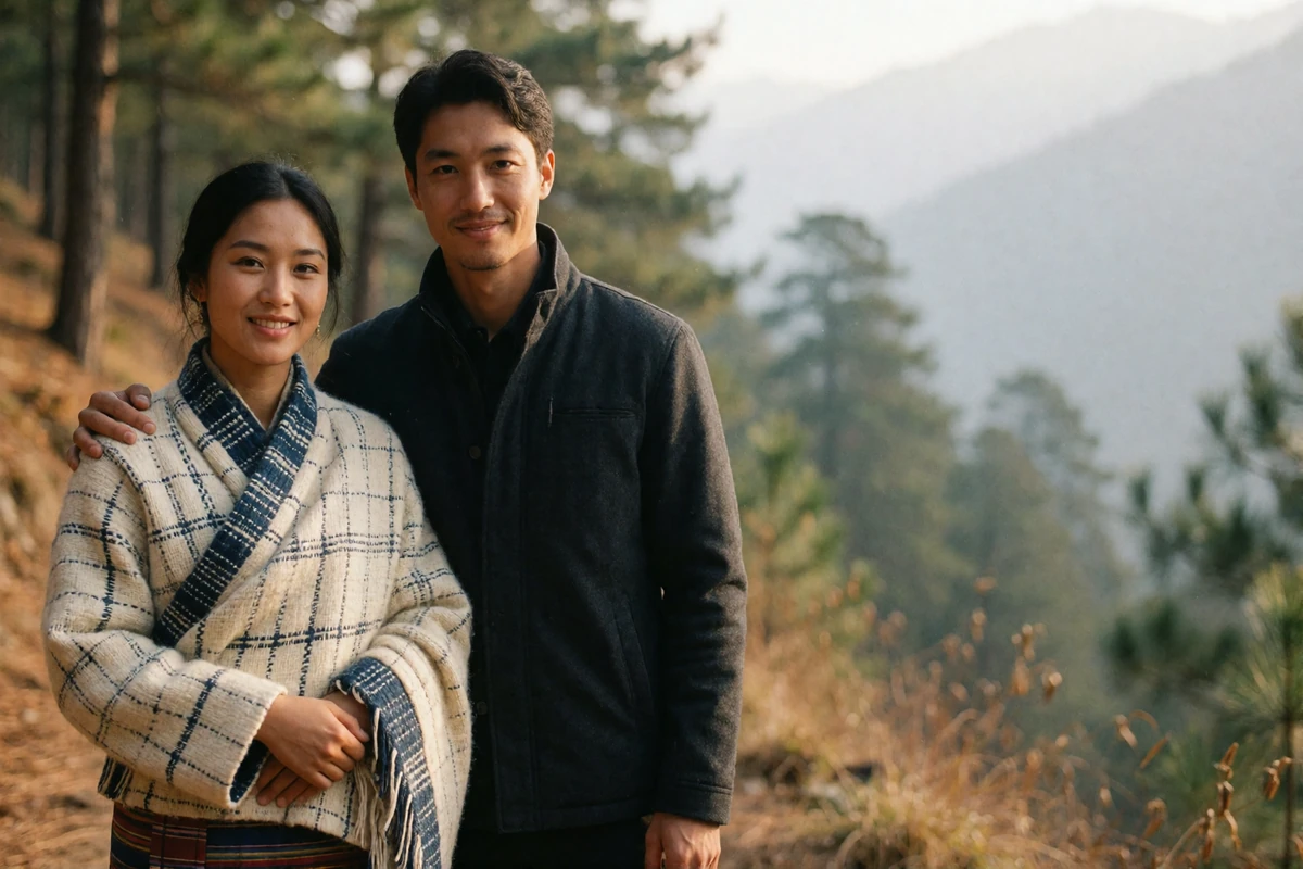 Couple walking together on a pine-lined mountain path in soft afternoon light, illustrating a first in-person meeting after months of messaging