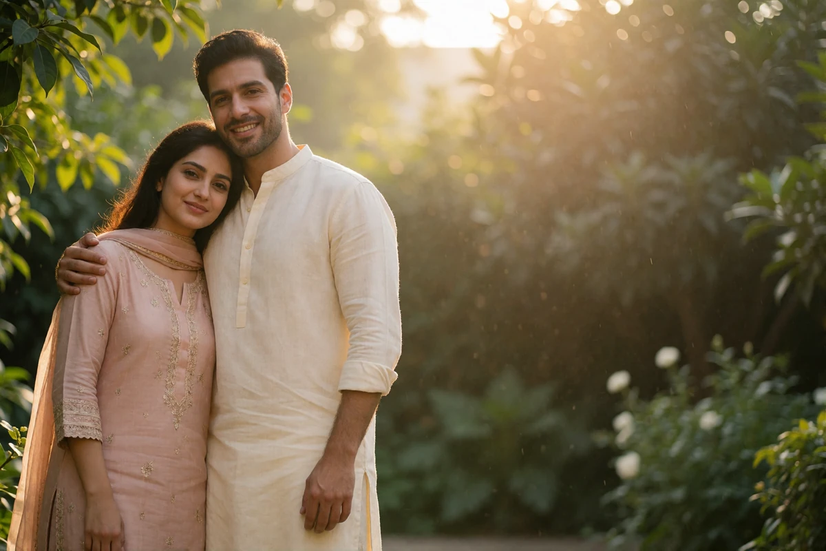 Couple standing together in a city garden at golden hour, illustrating a first in-person meeting after months of messaging