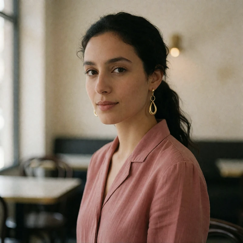 Jordanian woman in a muted rose blouse with a thoughtful expression in a softly blurred café interior