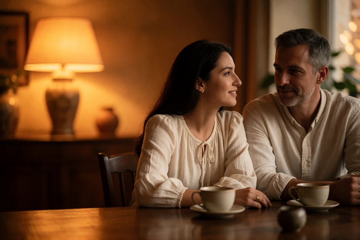 Couple sharing a quiet conversation at a long wooden table in a warmly lit dining room