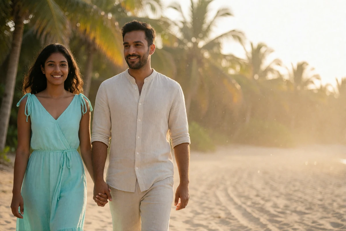 Couple walking together along a sandy palm-lined coastal path in late afternoon light after months of messaging