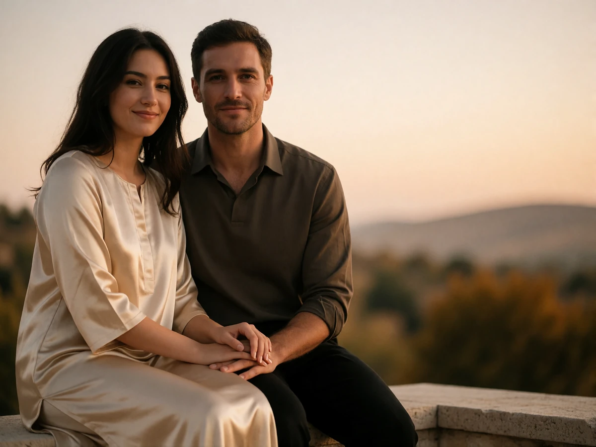 Tajik woman and her partner seated together on a stone terrace at dusk, her hand resting on his