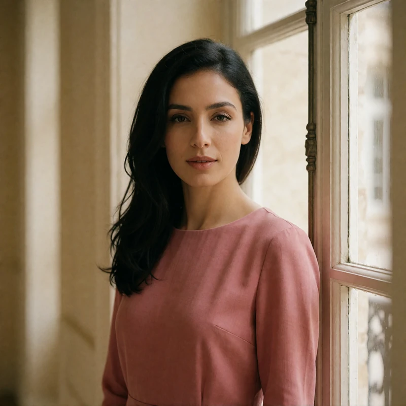 Jordanian woman in a muted rose dress with a calm smile beside a tall window in a cream interior