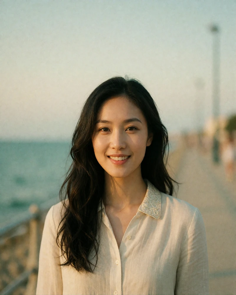 Smiling Asian woman in a pale linen blouse on a defocused seaside promenade, featured member profile photo