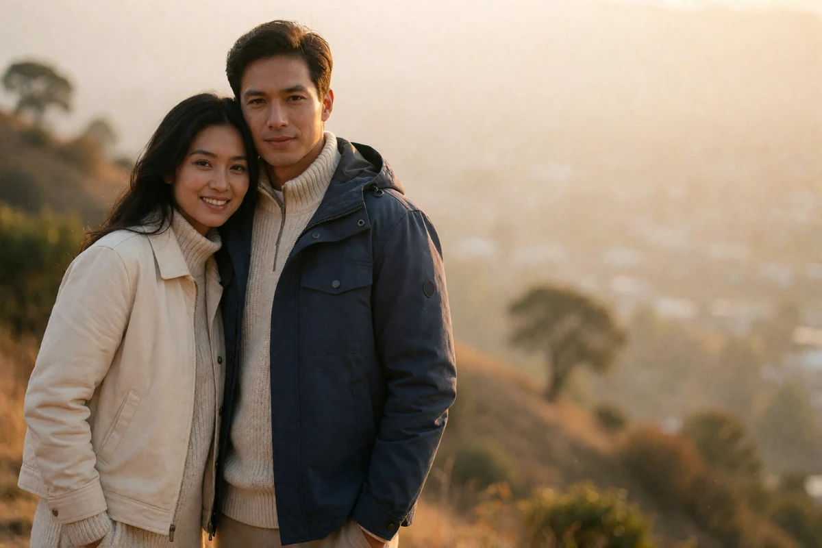 Couple standing together on an open hillside at golden hour, illustrating a first in-person meeting after months of messaging