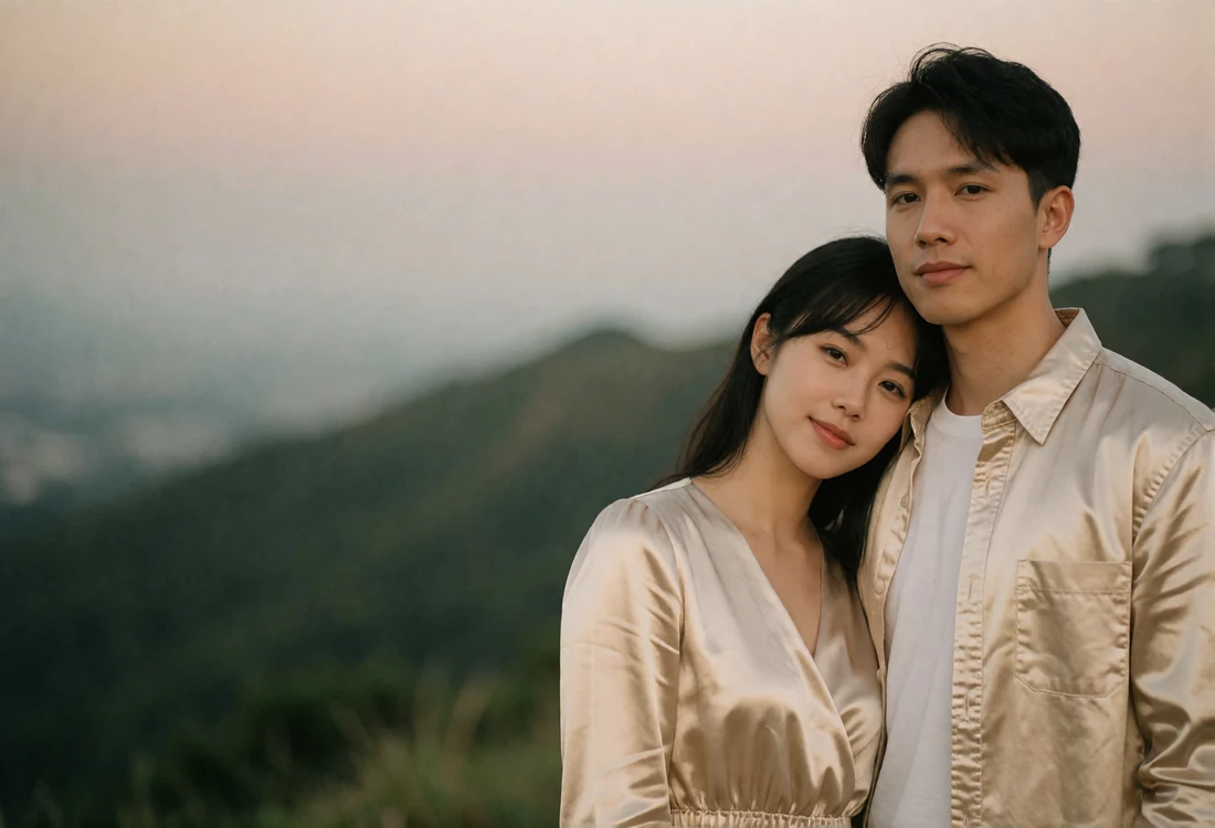 Anonymous couple standing close together at a hillside overlook at dusk