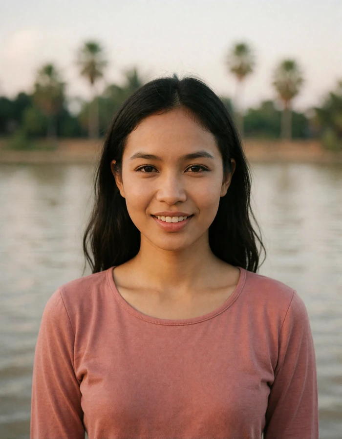 Cambodian woman in a soft rose top smiling on a riverside promenade in Phnom Penh at late afternoon