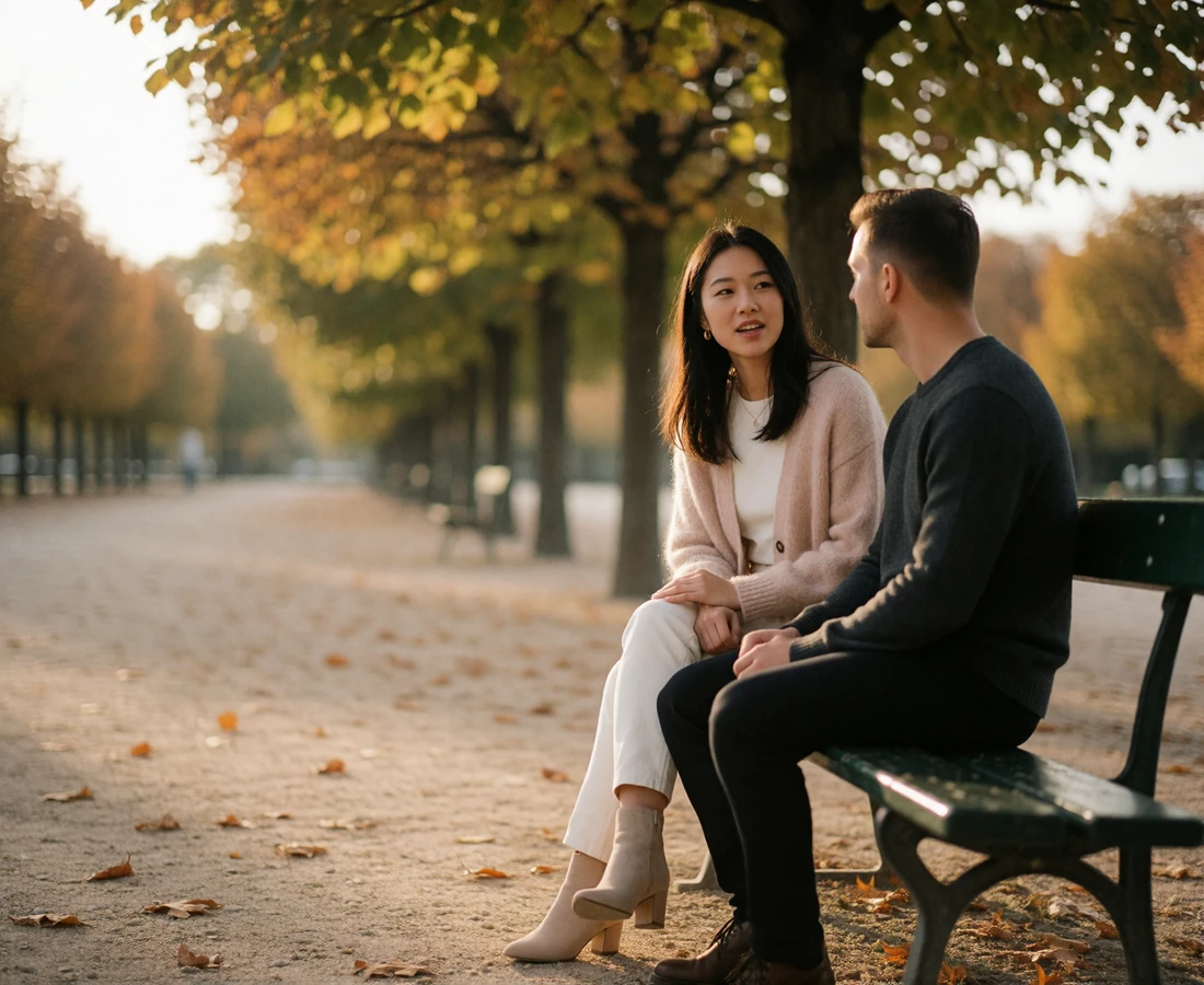 Asian woman and Western man sitting together on a park bench mid-conversation in warm autumn light