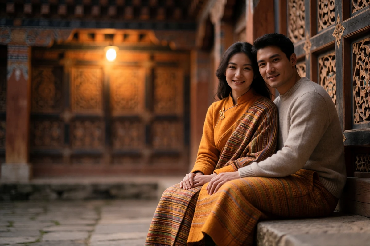 Couple sitting close on a stone step in a quiet courtyard at dusk, representing the stage after a first international meeting