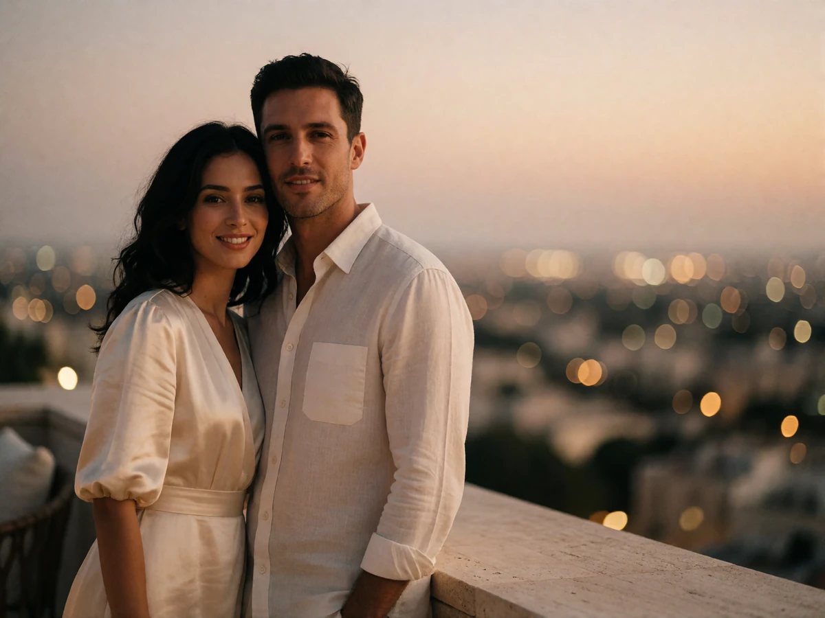 Couple on a rooftop lounge at dusk, illustrating a first in-person meeting after months of messaging