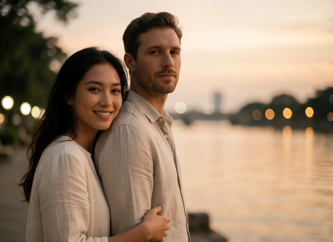 Thai woman and Western man standing close together on a riverside walkway at dusk, illustrating a first in-person meeting