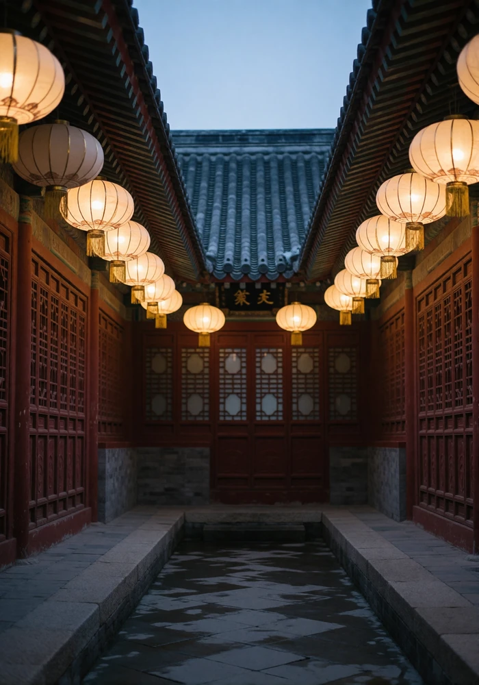 Paper lanterns glowing over a historic Chinese courtyard walkway at blue hour
