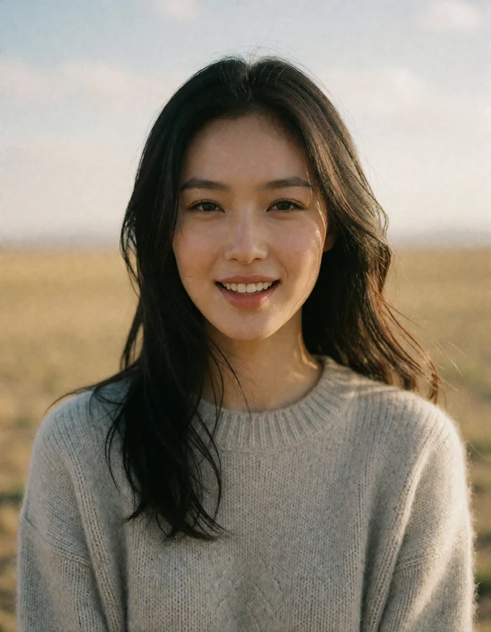 Mongolian woman in a soft grey knit sweater smiling warmly with an open steppe horizon behind her