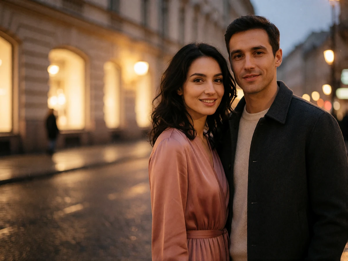 Couple standing close together on an evening city street with warm window light behind them