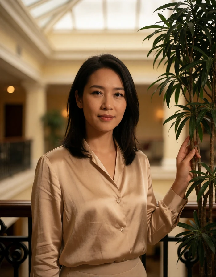 Indonesian woman in a champagne silk blouse standing calmly in a quiet hotel atrium