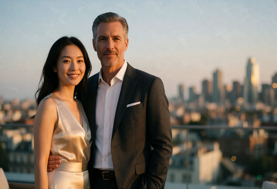 Couple on a rooftop lounge terrace at blue hour, illustrating a first in-person meeting after months of messaging