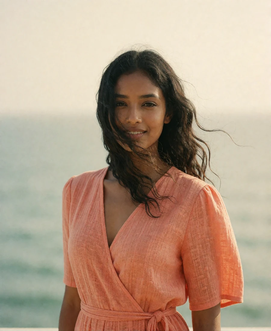 Sri Lankan woman in a coral wrap dress near a coastal terrace with wind lifting her hair