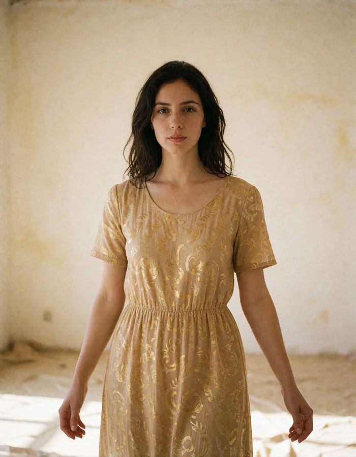 Afghan woman in a sand-colored dress standing in a bright airy interior with a poised, quiet expression