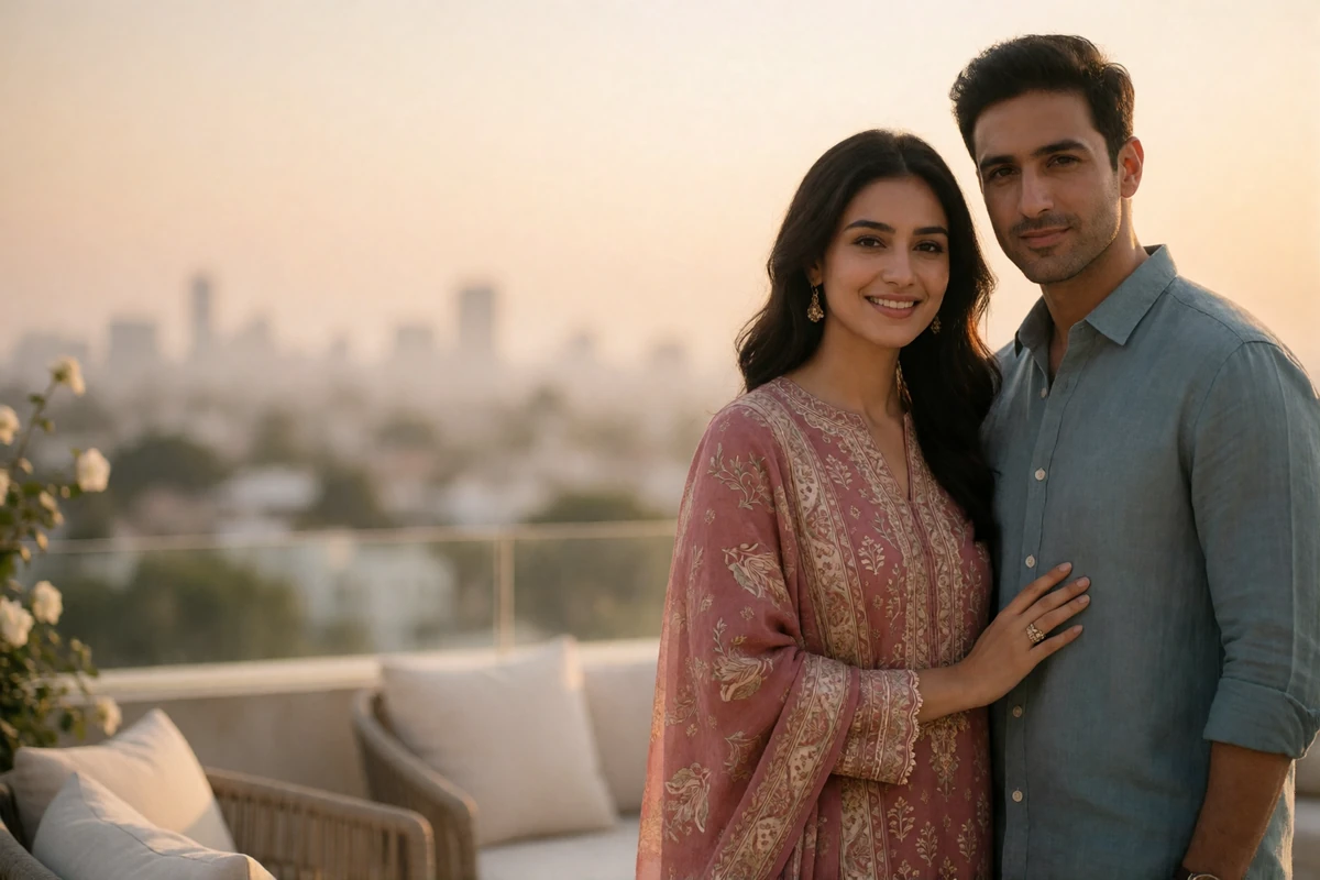 Couple on an open terrace in early evening light, representing the stage after a first international meeting