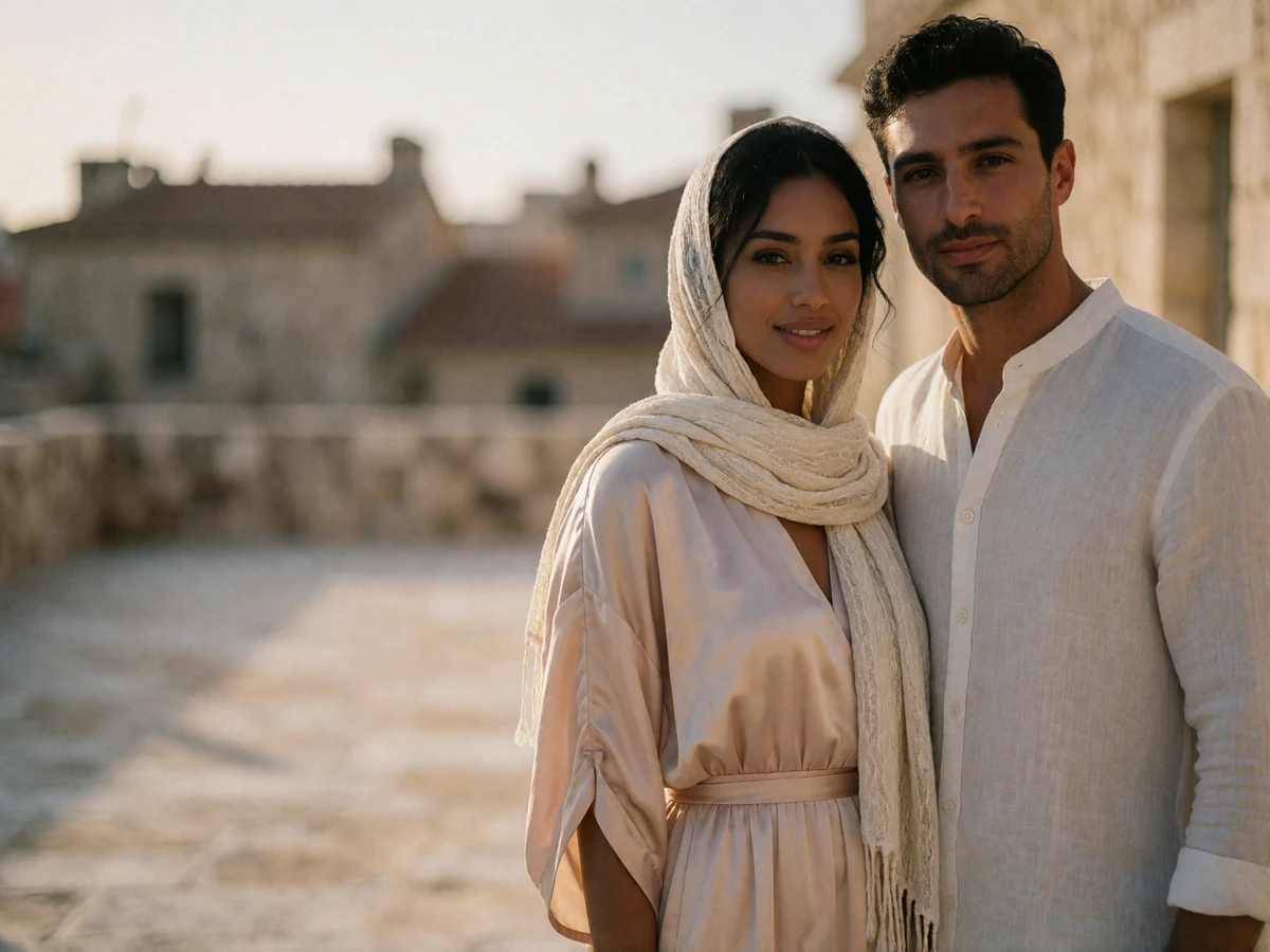 Couple standing together on a sunlit stone terrace at golden hour, illustrating a first in-person meeting after months of messaging