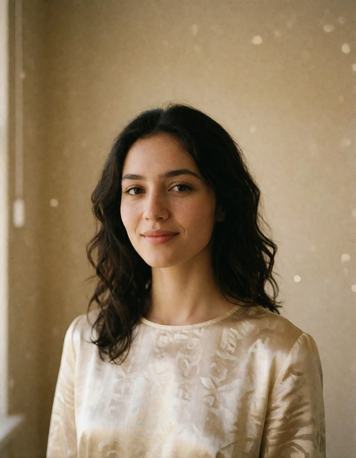Young Tajik woman with dark wavy hair smiling gently in soft indoor daylight against a plain warm wall