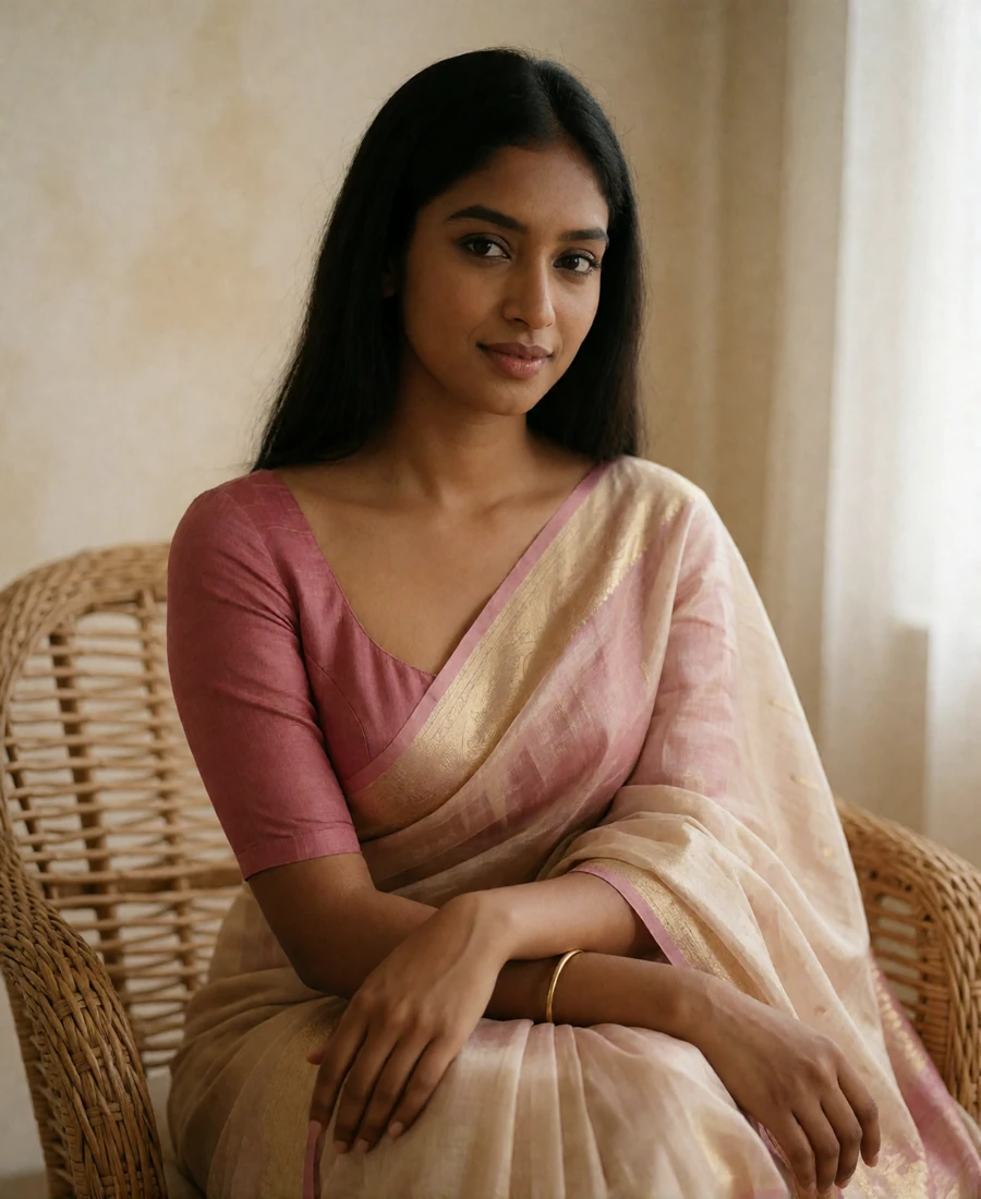 Sri Lankan woman in a deep rose saree blouse seated in a rattan chair in soft window light