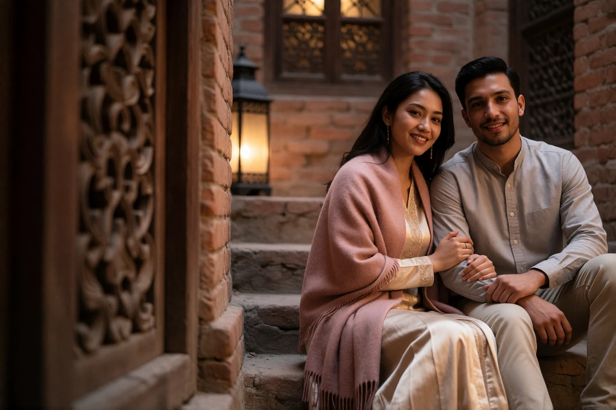 Couple sitting together on courtyard steps in early evening light, representing the stage after a first international meeting